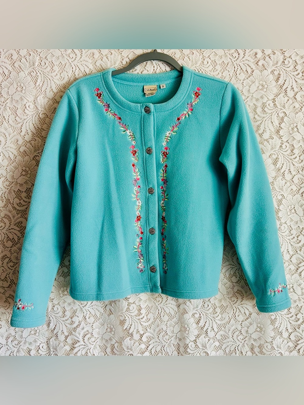 L.L.Bean Aqua Embroidered Fleece Cardigan Button Front Floral Jacket Medium